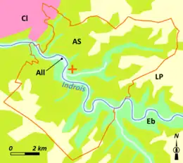 Vue d'une carte répartissant un territoire communal en grandes zones géologiques