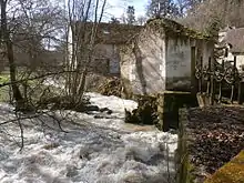 Vue d'une rivière tumultueuse au passage d'un ancien moulin.