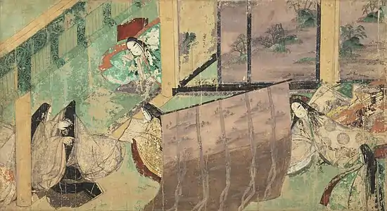 Peinture en tsukuri-e, aux tons vifs typiques du yamato-e primaire. Rouleaux illustrés du Dit du Genji, XIIe.
