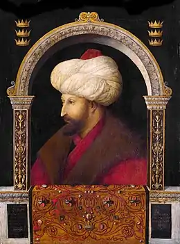 Gentile Bellini. Portrait du sultan ottoman Mehmed II le Conquérant. 1480. Huile sur toile, 70 × 52 cm, National Gallery.