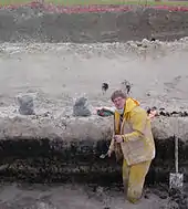 Un géoarchéologue au travail, sur le tracé de la LGV Est, devant une stratigraphie montrant des tourbes et des dépôts lacustres.