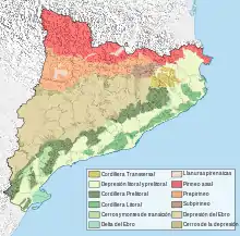 La carte en couleur représente les ensembles du relief de Catalogne