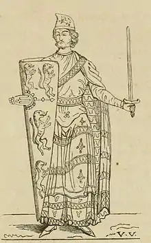 dessin d’un chevalier en pied, l’épée dans la main gauche.