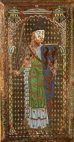 Portrait en pied d'un homme barbu armé d'une épée et d'un bouclier