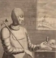Ancien dessin gravé et en noir et blanc représentant un homme près d'une table, le corps recouvert d'une armure, le haut d'une cotte de maille enserrant sa tête et tenant un marteau d'armes dans la main droite, un artefact cylindrique visible entre l'index et le pouce de sa main gauche.