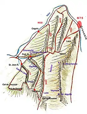 Carte simplifiée du massif du Vercors avec le tracé des routes principales