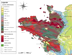 Carte en couleur décrivant la géomorphologie d'une zone s’étendant du Cotentin à la Vendée.
