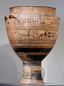 Vase monumental signalant la tombe d'un homme, v. 750-735. Lamentation de femmes et procession de chars et de fantassins. Met.