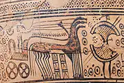 Cratère funéraire athénien, époque géométrique tardive I, -750/-735, attribué à l'atelier du « peintre de Hirschfeld » ; hauteur : 108,3 cm. New York, Metropolitan Museum of Art 14.130.14.