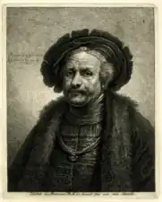 Portrait de Rembrandt, gravure de Georg Friedrich Schmidt (1771, British Museum), d'après l'autoportrait de c. 1669 (Galerie des Offices).