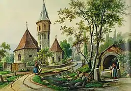Chapelle Saint-Acace de Grünsfeldhausen dans les années 1850.