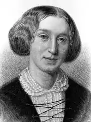 L'écrivain britannique George Eliot (portrait en noir et blanc), admiratrice de Walden de Thoreau. La gravure montre l'écrivain la tête légèrement penchée vers la droite, souriante et les cheveux tombant de chaque côté et formant deux boules.