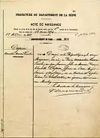 Acte de naissance reconstitué de George Sand, née le 12 Messidor An XII (1er juillet 1804) à Paris.