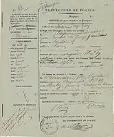 Certificat pour l'obtention d'un passeport, délivré par la Préfecture de police de Paris, le 12 juin 1835. Il est indiqué que George Sand mesure 1,58 mètre. L'écrivain signe le formulaire, A. Dudevant.