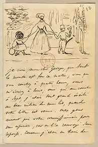 Lettre de Musset en date du 28 juillet 1833, illustrée d'un dessin représentant George Sand et ses enfants.