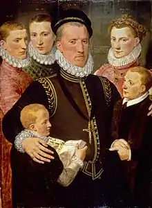 Tableau, buste d’un homme en costume du XVIe siècle tenant par l'épaule deux enfants. Derrière eux, un jeune homme, une jeune fille et une femme.