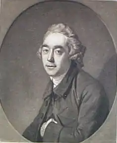 Gravure en noir et blanc. Portrait en buste de Steevens. Il a un visage long et ovale, porte une petite perruque et cache sa main gauche dans sa veste.