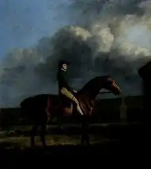 Peinture d'un jockey et son cheval dans un paysage de campagne aux couleurs assez sombres.