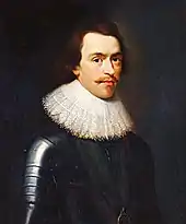 Portrait de trois-quart d'un homme moustachu et aux cheveux longs portant une armure et une large fraise.