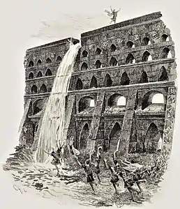 La rupture de l'aqueduc. Gravure de Champollion d'après Rochegrosse, 1900.