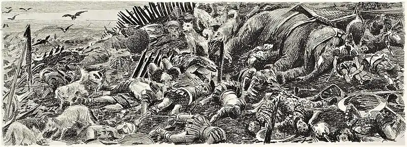 Les cadavres des mercenaires. Gravure de Champollion d'après Rochegrosse, 1900.