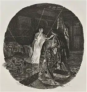 Mâtho dans la chambre de Salammbô. Gravure de Champollion d'après Rochegrosse, 1900.