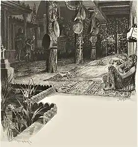 Mâtho et Spendius tentent de pénétrer dans le temple de Tanit. Gravure de Champollion d'après Rochegrosse, 1900.