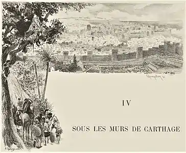 L'armée barbare arrive sous les murs de Carthage. Gravure de Champollion d'après une aquarelle de Rochegrosse, 1900.