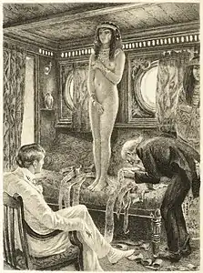 Evandale et Rumphius devant la momie de Tahoser. Composition de Georges-Antoine Rochegrosse gravée à l'eau-forte par Decisy, 1920.