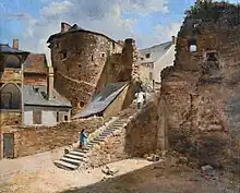 Tableau figurant des tours, un fragment de mur ruiné et un escalier comportant deux personnages