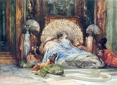 Peinture représentant Théodora dans un lit