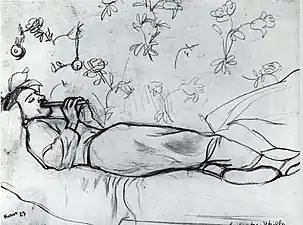 Maurice Utrillo, allongé, jouant de la flûte (1923).