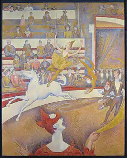 tableau pointilliste : sur la piste, clown, dresseur et une écuyère sur un cheval blanc