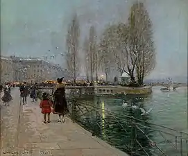 Genève. Journée d'hiver au lac Léman (Île Rousseau), huile sur toile, 55 × 65 cm.