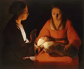 Peinture en clair-obscur de deux femmes tournées toutes deux vers le bébé emmailloté que porte l'une, et qui semble être la source de lumière de la toile.