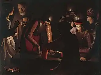 Tableau montrant une femme et Saint Pierre dans la nuit, et cinq soldats jouant aux dés.