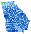 Vainqueur démocrate par comté : Abrams en bleu et Evans en vert.