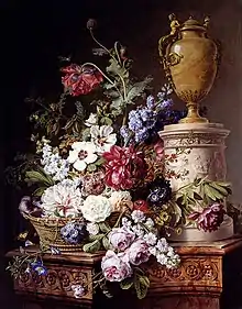 Nature morte : fleurs dans un panier avec deux papillons, une libellule, une mouche et un scarabée, à côté d'une urne en albâtre sur un piedestal de marbre.Huile sur toile (1787).