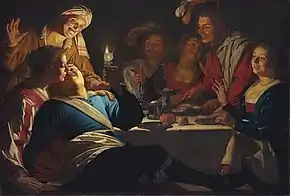 Gerrit Van Honthorst, Le Fils prodigue, 1623 (Alte Pinakothek, Munich). – La même idée est exploitée, mais avec un nombre plus important d'acteurs. À noter aussi les gammes de couleurs jaune-orange-brun-(rouge) et le bleu, et leur distribution dans les trois tableaux.