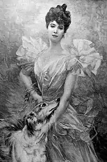 Dessin en noir et blanc d’une femme aux cheveux foncés et relevés, portant une robe claire sophistiquée au niveau des épaules, et caressant un chien