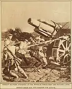 Artilleurs allemands mettant en batterie un mortier de 210 mm modèle 1910.