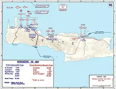 Carte de la Crète, avec description des forces en présence.