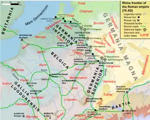 Frontière nord de l'empire romain en 70 après J.C.