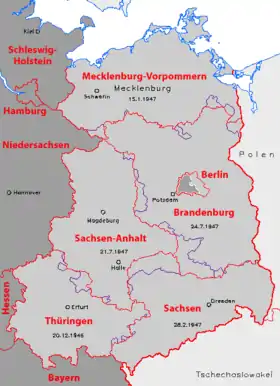 Frontières des cinq « Länder » est-allemands de 1947 à 1952 (traits violets) et après la réunification en 1990 (traits rouges).