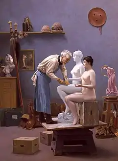 L'artiste et son modèle, 1894, Haggin Museum ; Gérôme se représente en train de sculpter Tanagra .