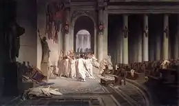 Tableau où l'on voit le cadavre de César au premier plan, des sénateurs levant des couteaux à l'arrière, et le Sénat presque vide.