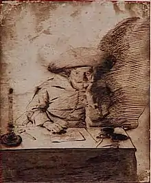 Dessin clair-obscur d'un homme à l'air pensif, assis à une table devant une feuille de papier.