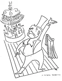 Caricature de Gerron, portant haut de forme et cape, derrière lui un carrousel