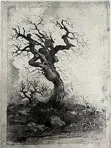 Gestes d’arbres, la sorcière, eau-forte et aquatinte.