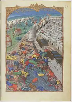 Des soldats gisant morts dans les douves des murailles d'une ville, d'autres soldats quittant leur campement.